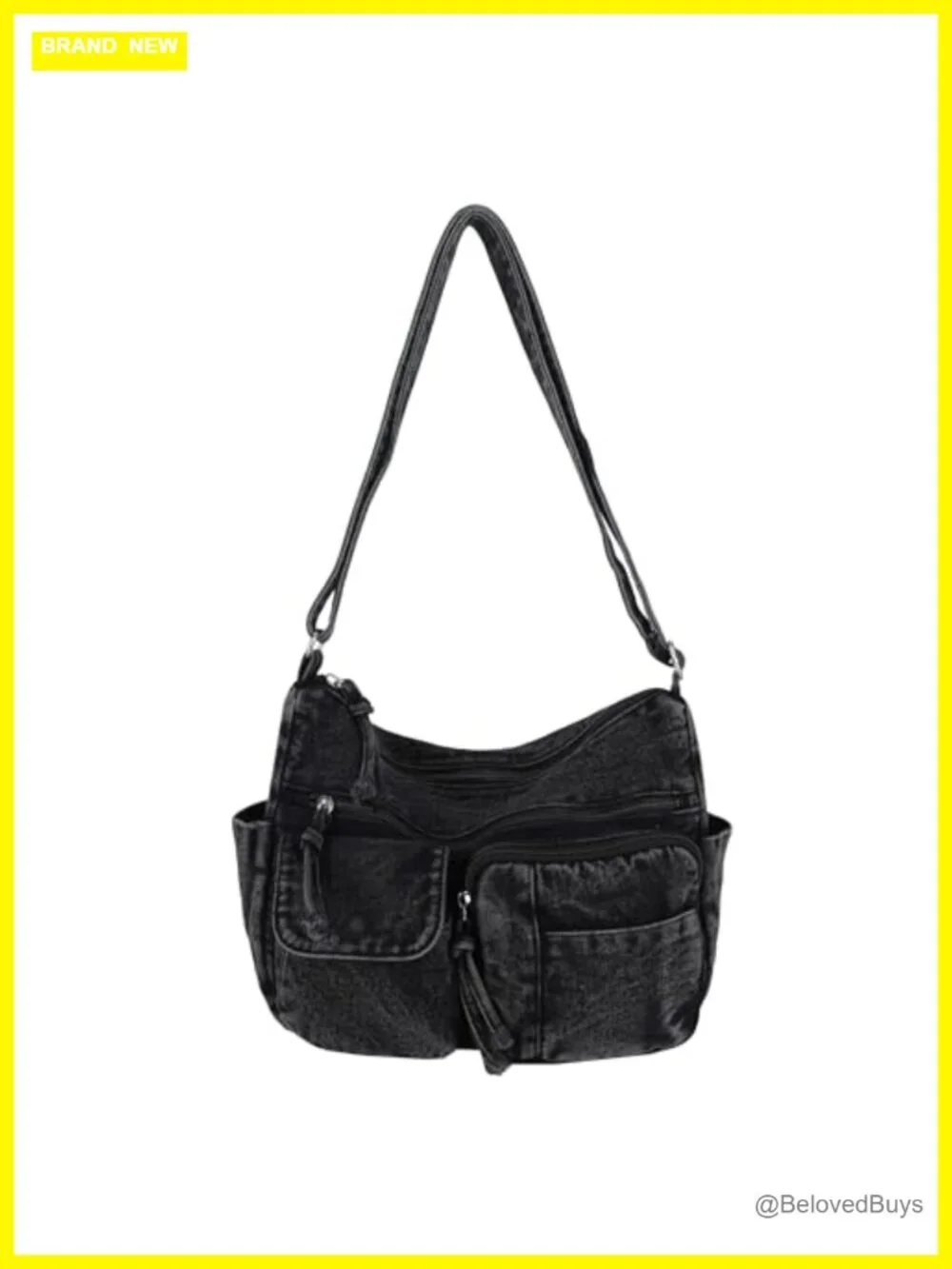 Y2K Grunge Washed Denim Crossbody Bag Multi Pocket Hobo Shoulder Purse